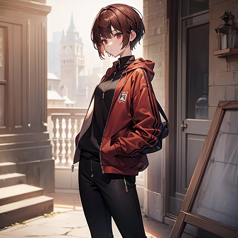 masterpiece、Subtle details、Slender beauty、Put on the hood、slim、Small breasts、Sharp eyes、younger sister、Pixie Cut、Short nape、Oversized zip-up jacket（hoodie）、Tight skinny pants、Platform boots、Reddish brown hair、