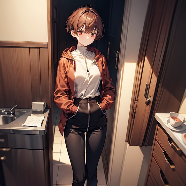masterpiece、Subtle details、Slender beauty、Put on the hood、slim、Small breasts、Sharp eyes、younger sister、Pixie Cut、Short nape、Oversized zip-up jacket(hoodie)、Tight skinny pants、Platform boots、Reddish brown hair、