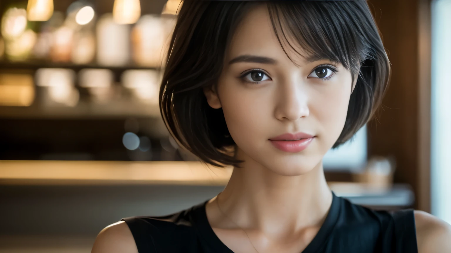 Random Pause, Mix 4, (8k, Original photo, highest quality, masterpiece: 1.45), (Actual, real: 1.37), Skinny Japanese woman, One girl, Charm, View inside the cafe, Professional Lighting, Photon Mapping, Radio City, Physically Based Rendering, Gradient black hair, Short Curly Hair, good looking, girl, T-Shirts, High resolution, 1080p, (Clear Face), (Detailed facial depiction), (Detailed description of the hand), (Exquisite CGI), Extreme light and shadow, Messy Hair, Lots of details, (Graceful features), (highest quality photos), (Beautiful Eyes), Look in front of you, Thin clavicle,Photographed inside the cafe