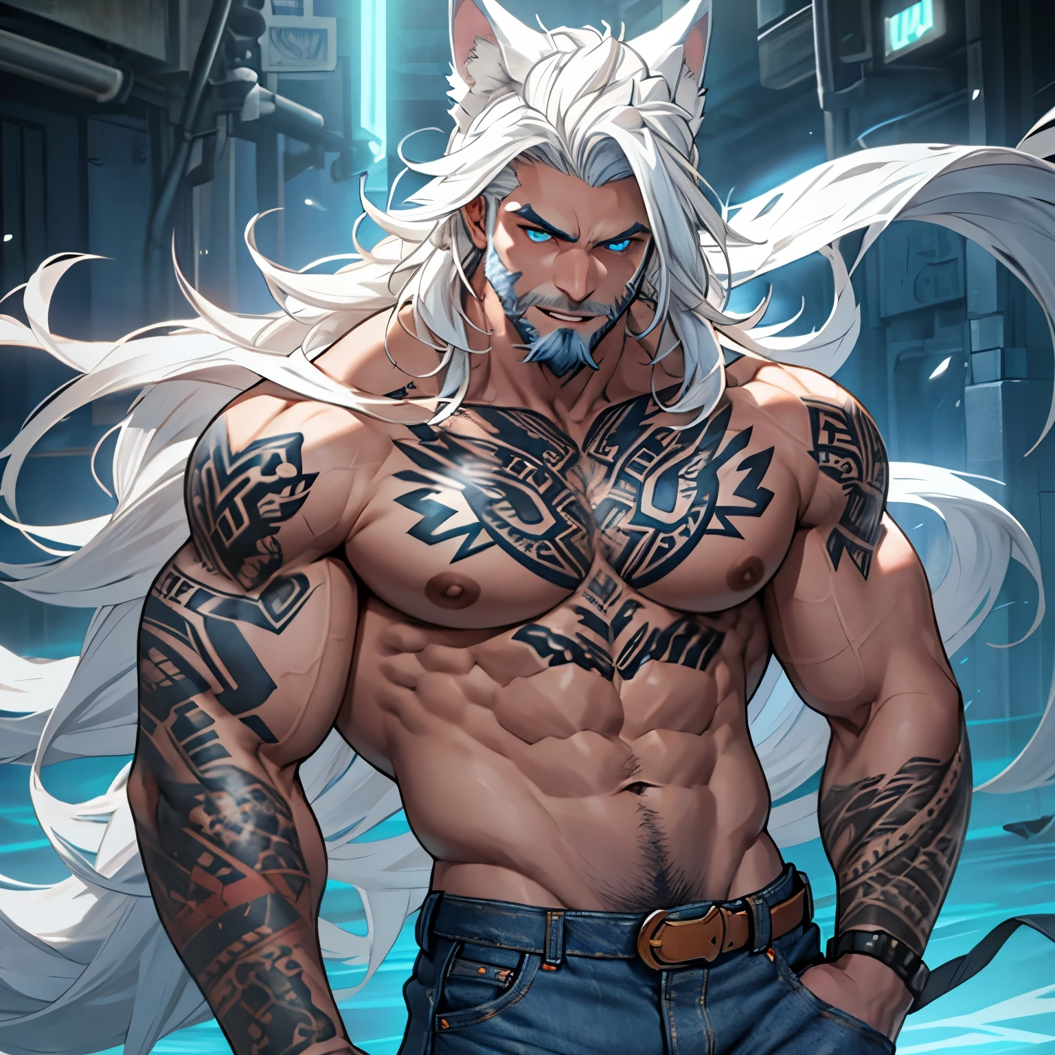 a muscular himbo with a short gruffy beard and long white hair, has white wolf ears and isnt wearing a shirt, wearing blue denim jeans and is covered in heavy tribal tattoos, solo, alone, (SOLO)(ALONE) 1 male, has glowing blue eyes