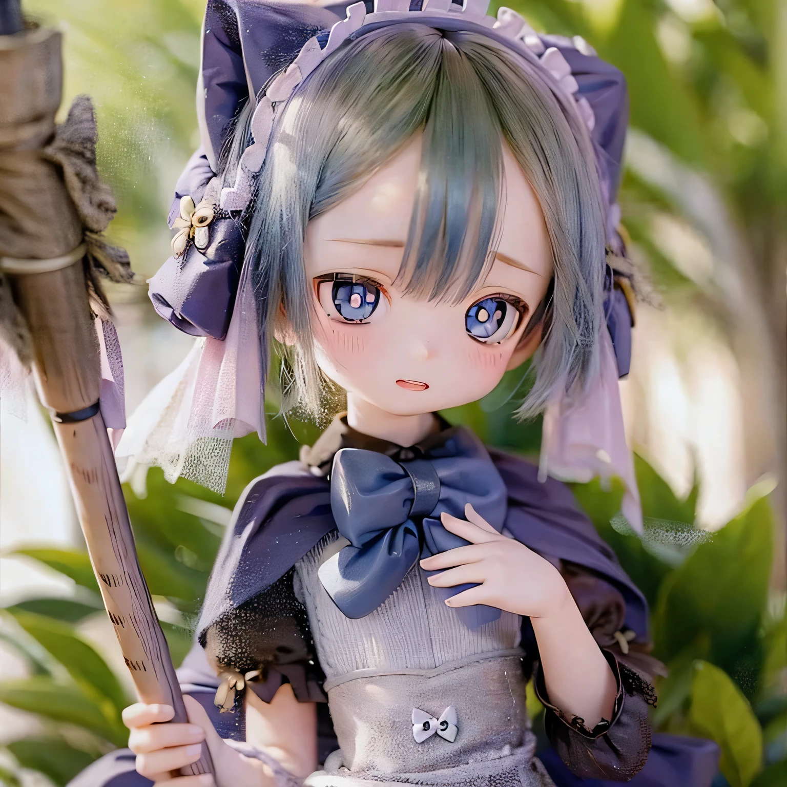 (highest quality, High resolution, masterpiece:1.2),Very detailed,Realistic:1.37,Marulk from Made in Abyss,(highest quality, High resolution, 4K, Very detailed, masterpiece:1.2), Realistic, High resolution, Vibrant colors, Sharp focus, Studio Lighting, Very detailed explanation, Professional, Portraiture, anime, Blue tones, Natural light, 10 year old girl, Blonde curly hair, Flat Chest, gothic lolita clothing, Innocent look, Delicate features, Long eyelashes, Expressive eyes, Rosy Cheeks, Soft lighting, Dreamy atmosphere, Whimsical backgrounds(((((((bow)))))))In a mansion, wearing casual clothes and holding a broom