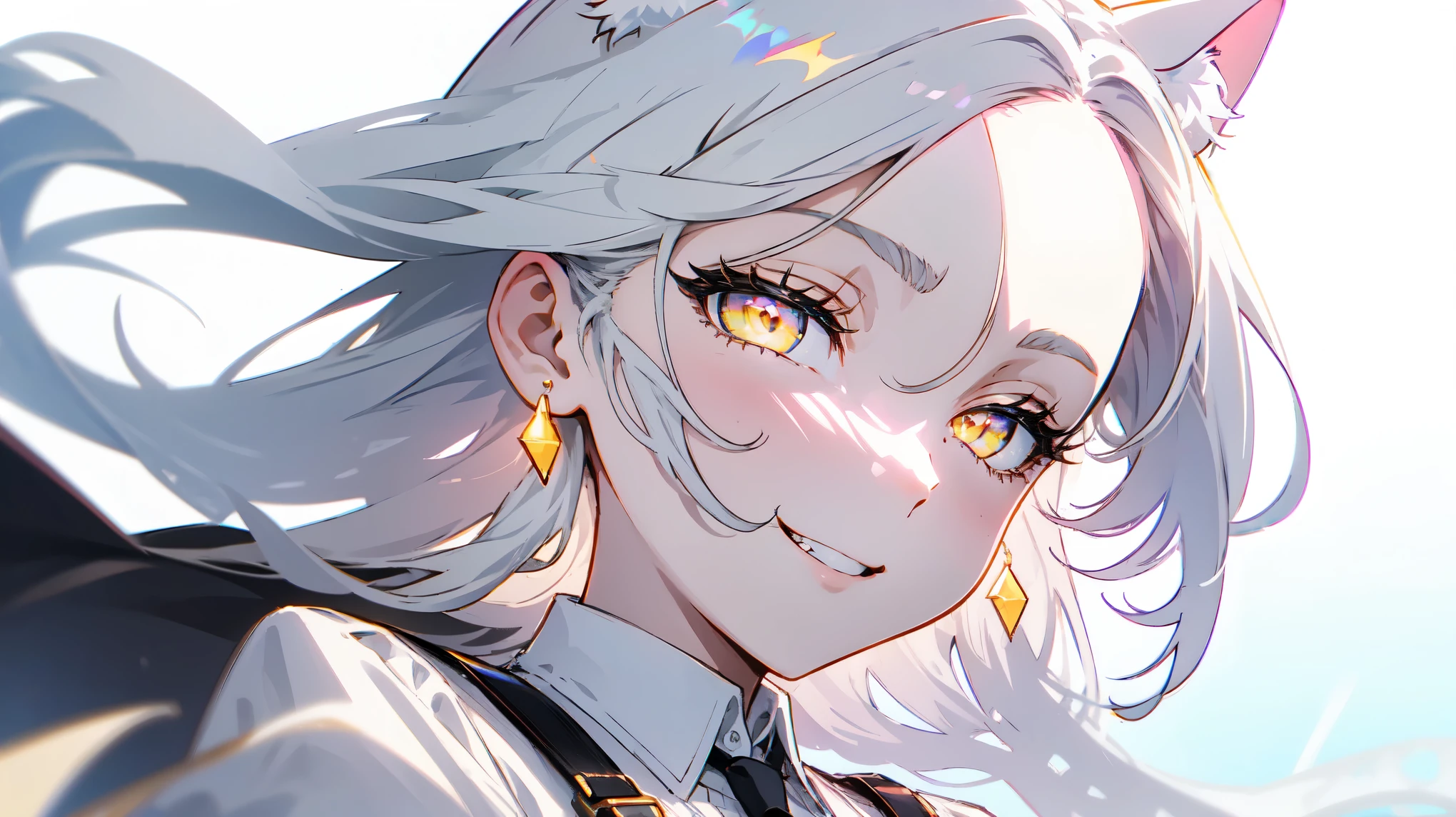1girl, woman, solo, long hair, big hair, white hair, cat ears, (forehead:1.2), yellow eyes, medium breasts, devilish grin from below, white hair, (overcoat, black coat, open coat:1.2), white shirt, collared shirt, (chest harness, shoulder strap:1.15), black leather shorts, garter belt, gloves, ((from below)), elegant, looking at viewer, standing, chromatic aberration, (close-up to face:1.2), face only masterpiece, best quality, 4k
