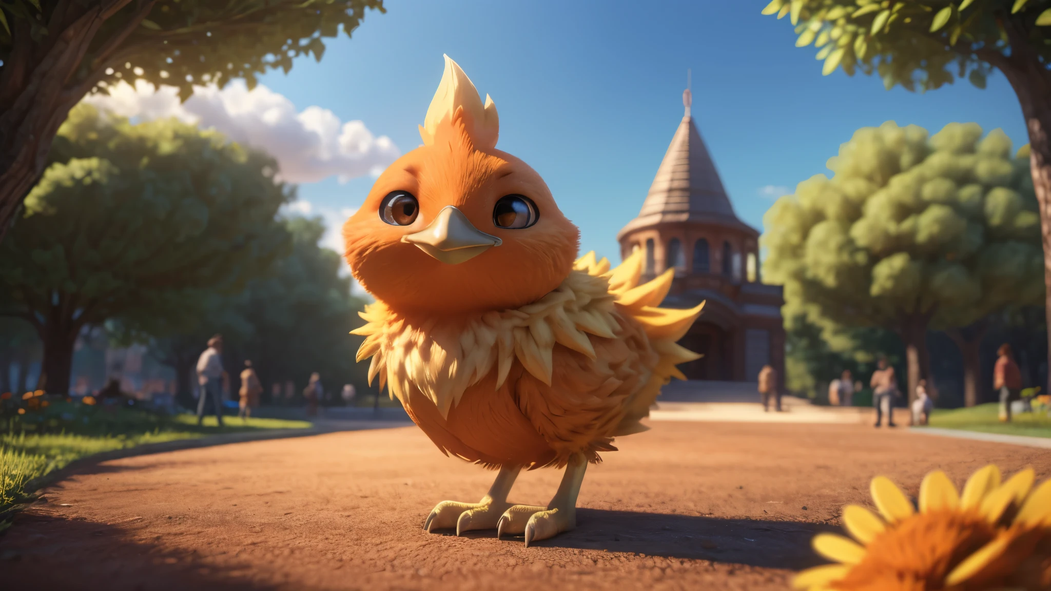 male , bird, torchic, background, (cinematic lighting:1.1), (perfect focus:1.1), 8k hd, (detailed eyes:1.2),depth of field, bokeh, subsurface scattering, perfect breasts, wide ,((shirt and pants)),bright colors, (furry detail:1.3),detailed background, realistic, photorealistic, ultra realistic,in the park, natural landscape, trees, flowers, sky, clouds,realistic, photorealistic ,smile,(fluffy:1.3), furry, buff, (realistic fur:1.1), (extreme fur detail:1.2),((light orange fur)),(Black pupil, brown  eyes,pixar style eyes),torchic tail,3d pixar legs.