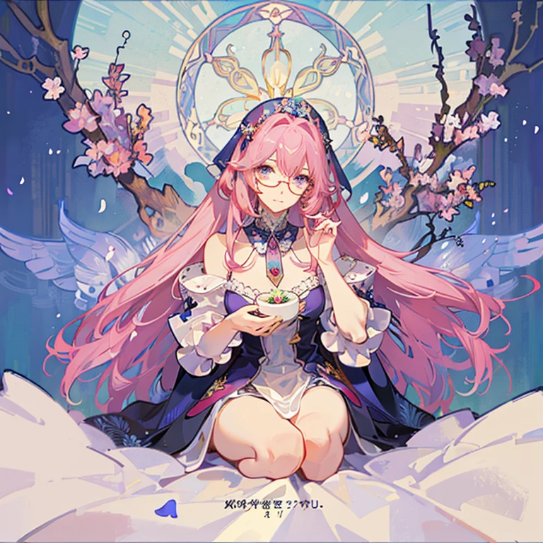 1 beauty、(masterpiece、highest quality、highest quality、beautifully、aesthetic:1.2)、Round Picture Frame、Rainbow-colored、Shining jewelry hair ornament、Flowers in full bloom、Jewelry made with attention to detail、dynamic、Elegant woman concept、(((Alphonse Mucha)))、Glowing purple eyes、Colorful Hair、Fluttering petals、Gradation、Very detailed, Unreal Engine, wonderful, Intricate details, Splash screen, Complementary Color, 8k resolution, 逸脱のmasterpiece、Pink Hair、Fluttering Hair、snow、The Story of Camellia、red、Glasses、