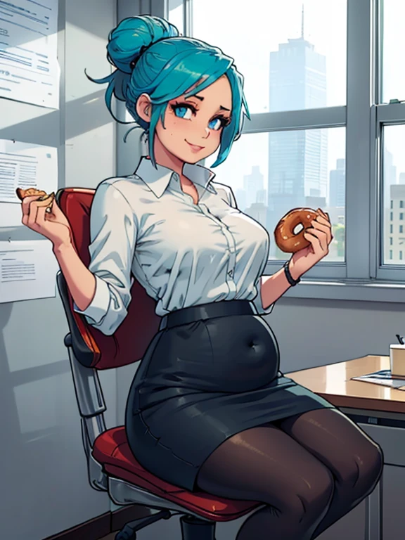 art by kipteitei, 1girl, (aqua blue hair), hair up, blue eyes, black pencil skirt, dress shirt, (black tights), happy expression, (skinny), [stuffed belly], (holding donut), sitting in office chair, leaning back in chair, fancy office background with lots of windows, (cowboy shot), (best quality, masterpiece)
