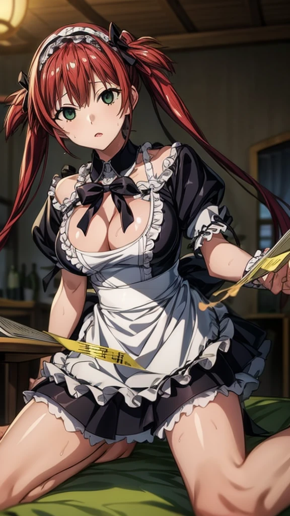 Tabletop, highest quality, Airlive 4,  Thighs Thighs Thighs, black Thighs Thighs Thighs, apron, zettai ryouiki, Maid, Maidの頭飾り, Cleavage, Wrist cuff,(Masturbation:1.8),One girl,(Browsing Caution:1.8),(Straddling the viewer&#39;Body:1.4),alone,Inseam perspective、Hypno Lola、
Hollow Eyes,Sweat,Love Juice