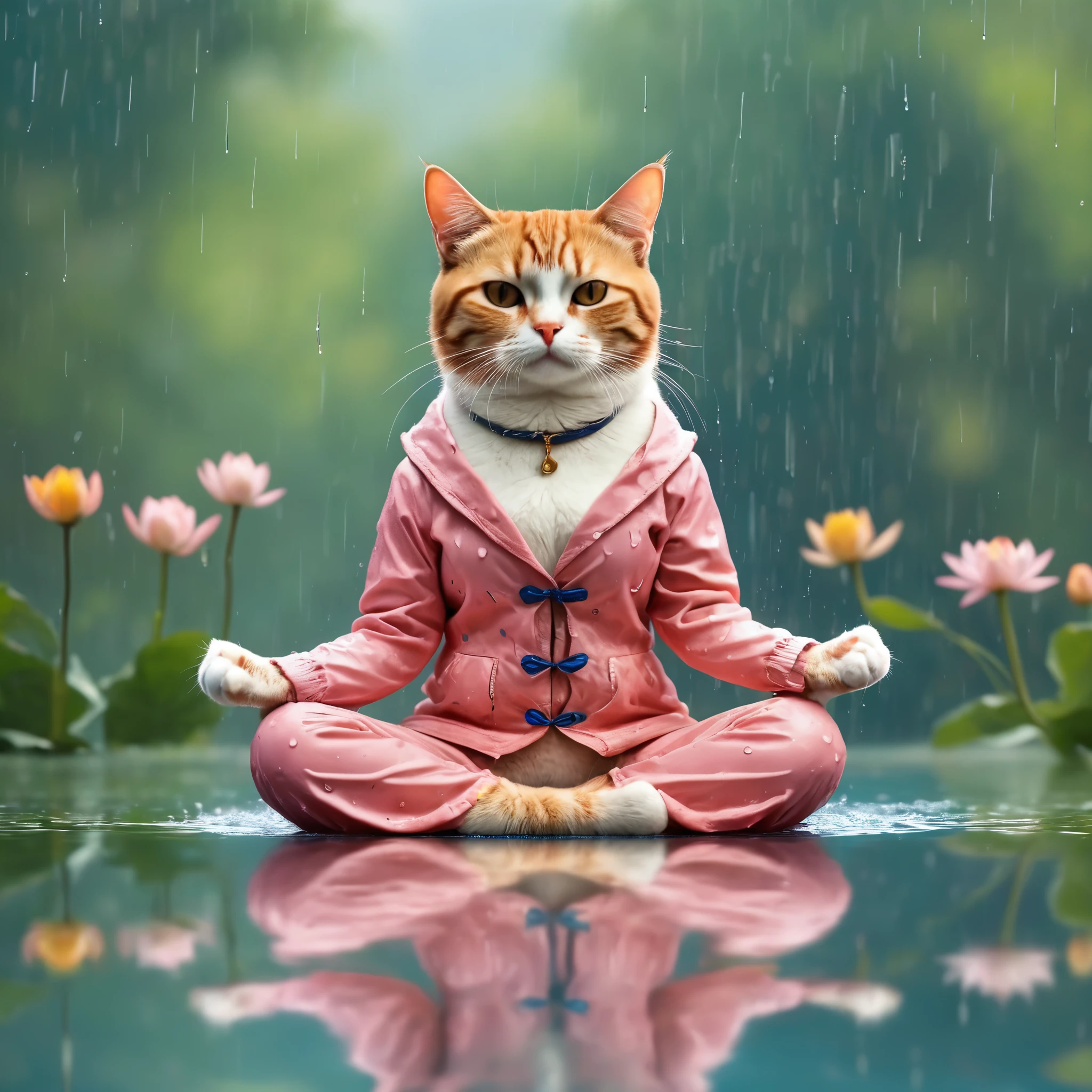 1cat，anatomically correct,lotus pose，cute，on the water，reflection，raining，Background blur,fullbody