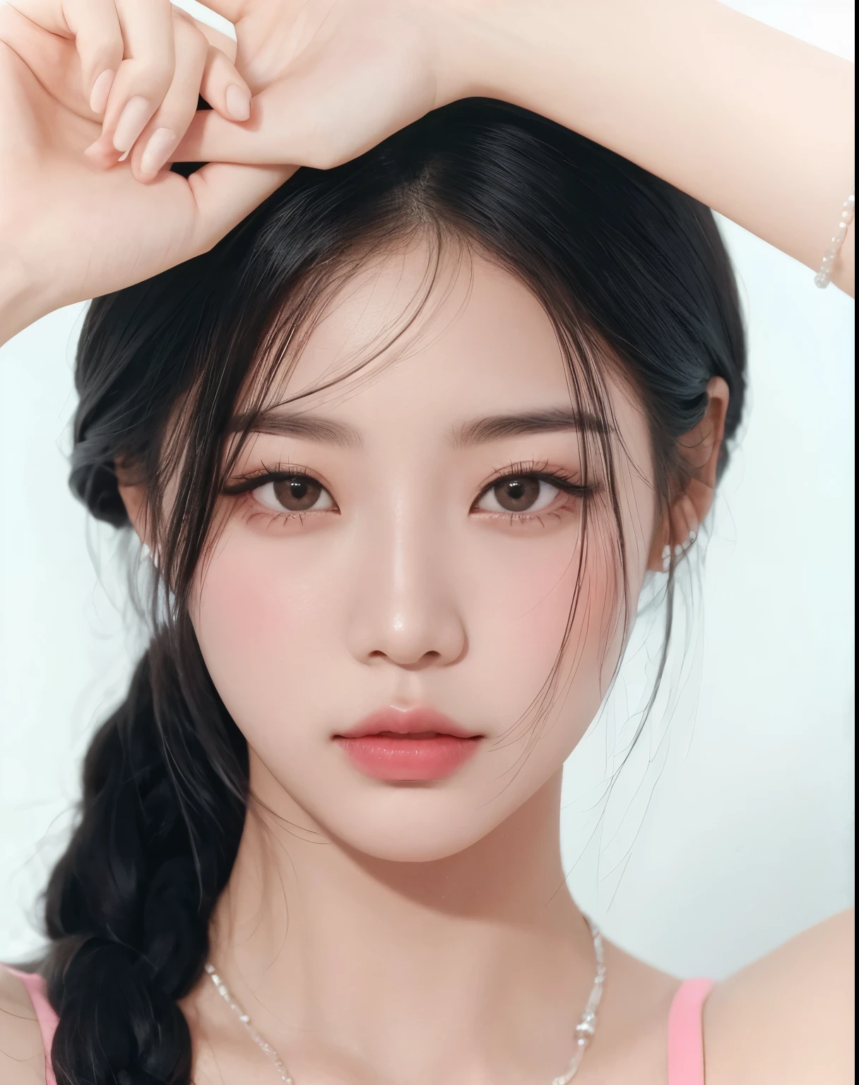 Hay una mujer con un top rosa y un collar., maquillaje popular de corea del sur, maquillaje coreano popular, Jennie rosa negra, south east asian con cara redonda, rasgos de la cara coreana, con cara redonda, joven y adorable rostro coreano, ulzzang, pale korean adorable face, Hermoso rostro estetico, Yanjun Chengt, Young cute pale asian face, hermosa mujer surcoreana