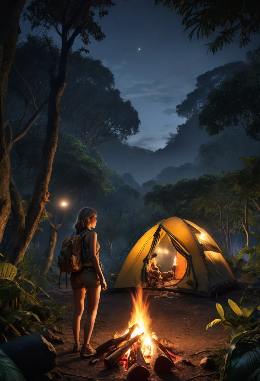 (best quality,4k,highres:1.2),ultra-detailed,realistic:1.37, lone female traveler, adventure, jungle, night, small camp, camp fire, all around dark and nothing to see but dozens of shining eyes of wild animals, HDR, UHD
