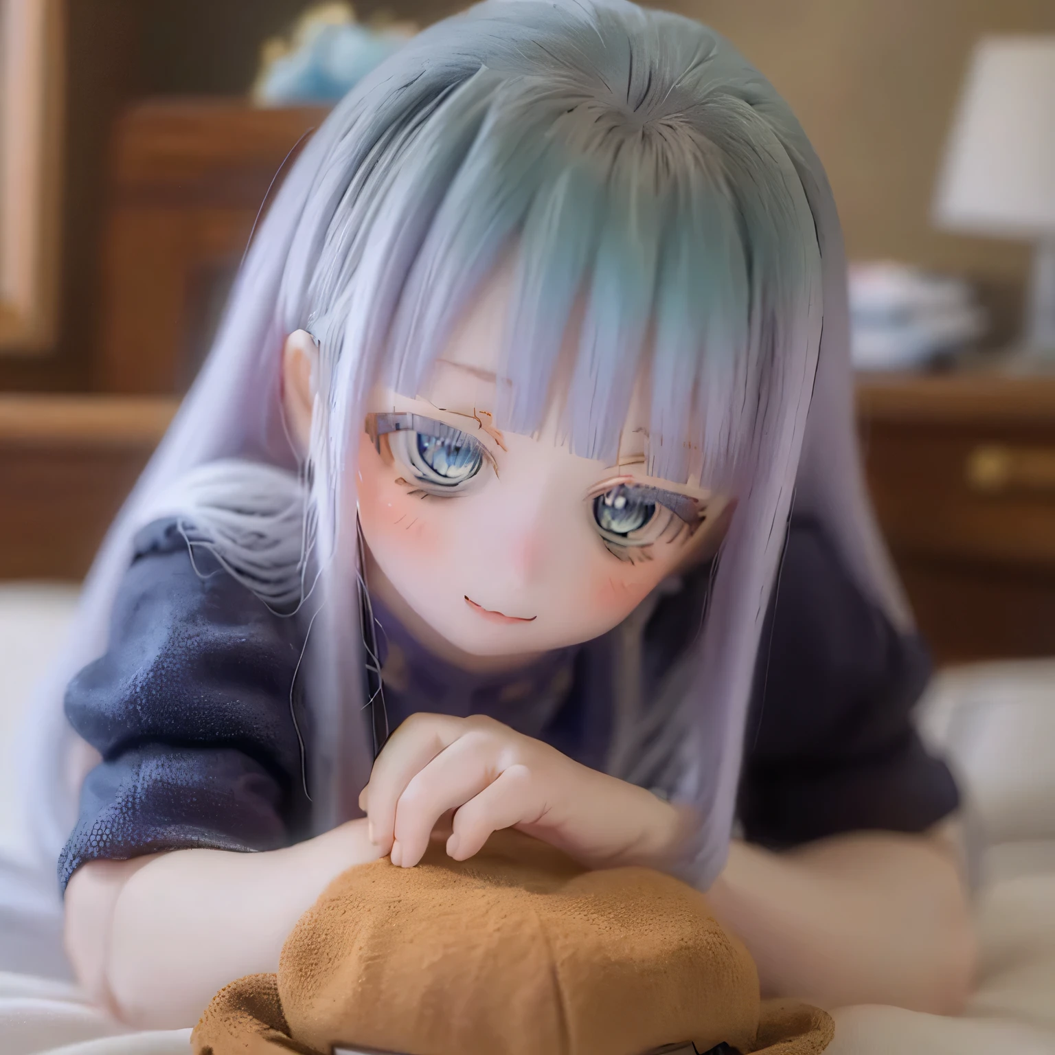 (highest quality,4K,8k,High resolution,masterpiece:1.2),Very detailed,(Realistic,photoRealistic,photo-Realistic:1.37),Portraiture,Mabel,Imaginative,Beautiful fine details,beautiful lip detail,Very detailed目と顔,Long eyelashes,Blue Hair,Sharp Mouth,Different world,Uncle,Meal Whole Body Smile Zoom Face(((((Lie down in bed)))))