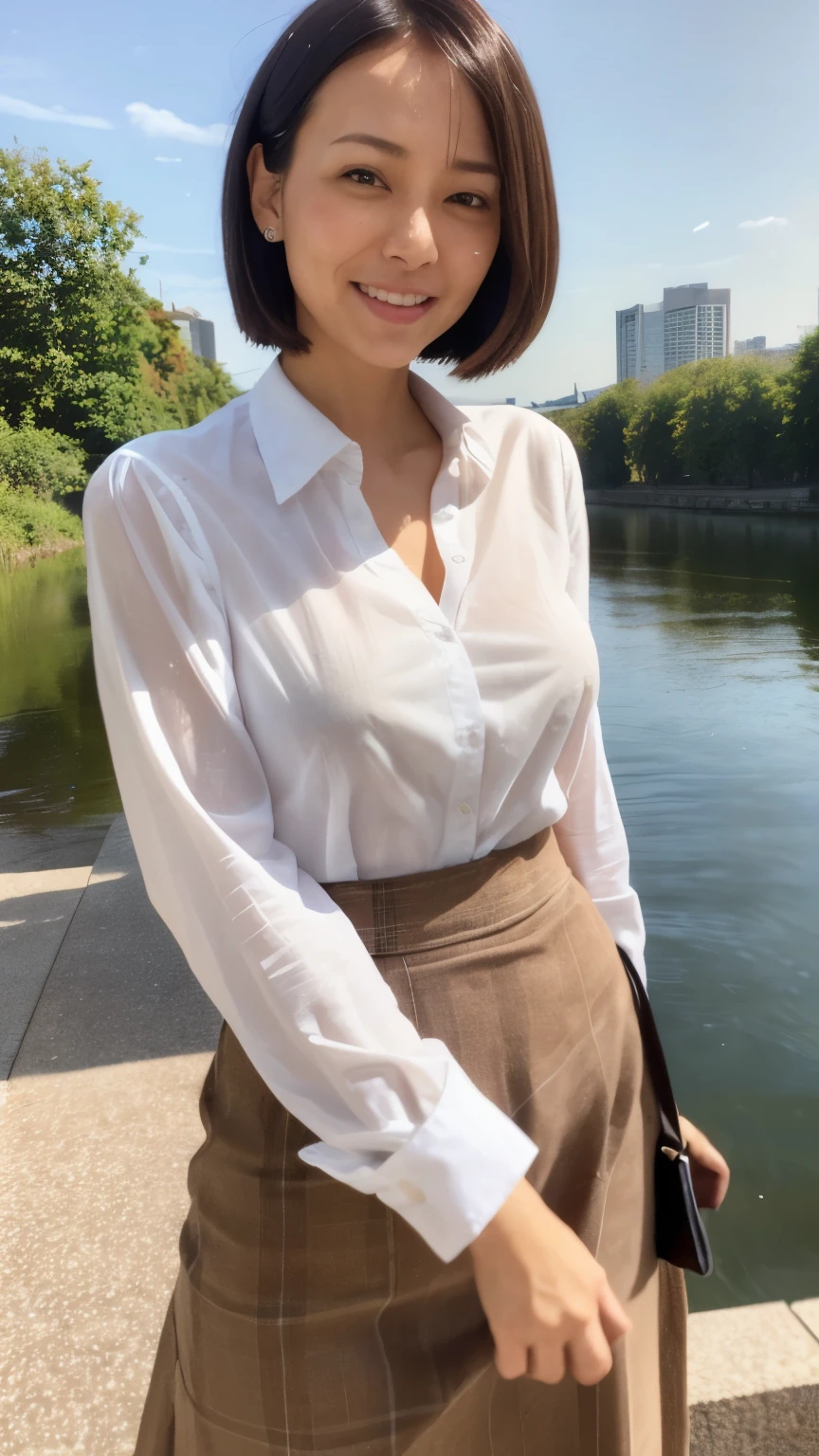 NSFW, ((Top Quality)), ((8K)), ((Masterpiece: 1.3)), (Perfect Appearance), (Photorealism: 1.6), (Japanese woman walking along the bank), (outdoors), (A bank along the river with a nice view: 1.4), (Bask in the evening sun from the side), japanese woman, hideko_face, (35 years old), married woman, ((realistic skin texture)), (fine lines all over the skin: 1.0), dullness, lack of moisture, wrinkles on the face, wrinkles at the corners of the eyes, (double eyelids: 1.0), crying moles, Her lips are thinly parted, the corners of her mouth are raised in a gentle smile, dimples, short bangs, short hair, soft fabric blouse, wide sleeves, Cuffs that fit your wrist, (The hem of the blouse is tucked into the skirt: 1.2), flare skirt, high heels, small breasts, small nipples, (whole body), low angle