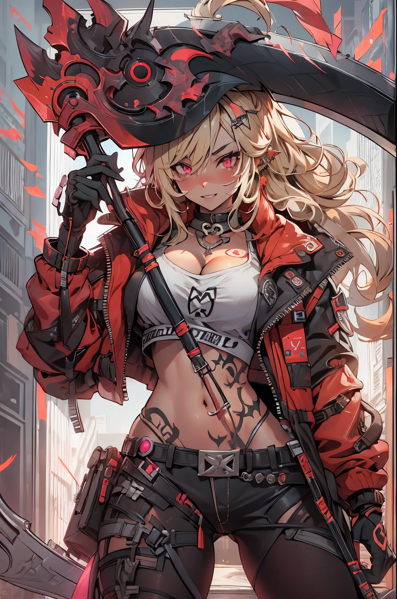 1girl, rebecca \(cyberpunk\), ((cowboy shot)),(( a huge big scythe, the size of half of the screen:1.3 )),solo, blonde braid hair, glowing red eyes,laugh fearlessly, leg tattoo, neck tattoo,  large chest, black bra, thong, red pupils, skin fang, red eyes, black jacket, 