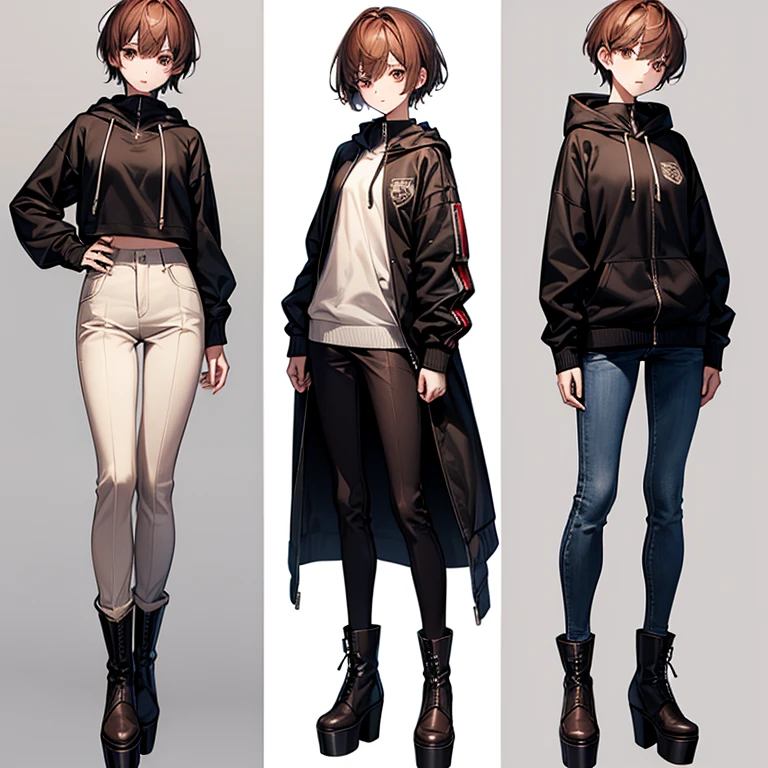 masterpiece、Subtle details、Slender beauty、Put on the hood、slim、Small breasts、Sharp eyes、younger sister、Pixie Cut、Short nape、Oversized zip-up jacket(hoodie)、Tight skinny pants、Platform boots、Reddish brown hair、