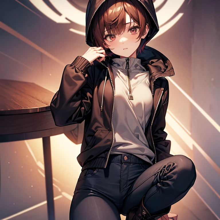 masterpiece、Subtle details、Slender beauty、Put on the hood、slim、Small breasts、Sharp eyes、younger sister、Pixie Cut、Short nape、Oversized zip-up jacket(hoodie)、Tight skinny pants、Platform boots、Reddish brown hair、