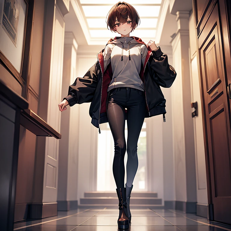 masterpiece、Subtle details、Slender beauty、Put on the hood、slim、Small breasts、Sharp eyes、younger sister、Pixie Cut、Short nape、Oversized zip-up jacket(hoodie)、Tight skinny pants、Platform boots、Reddish brown hair、