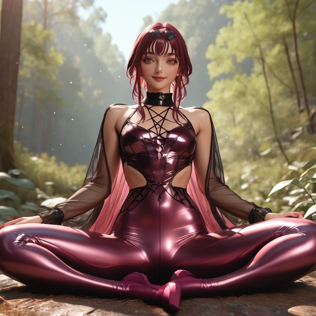 Kafka,(masterpiece, best quality:1.2), 1girl, solo,front view，anatomically correct，smile, shiny_astride,realistic，3d，Unreal Engine 5，skin texture，leggings，lotus pose，outdoor，background is forest，body glow，Glowing Line,Glow Example，Tracking example，flash， Backlight，translucent，light particles，Xill