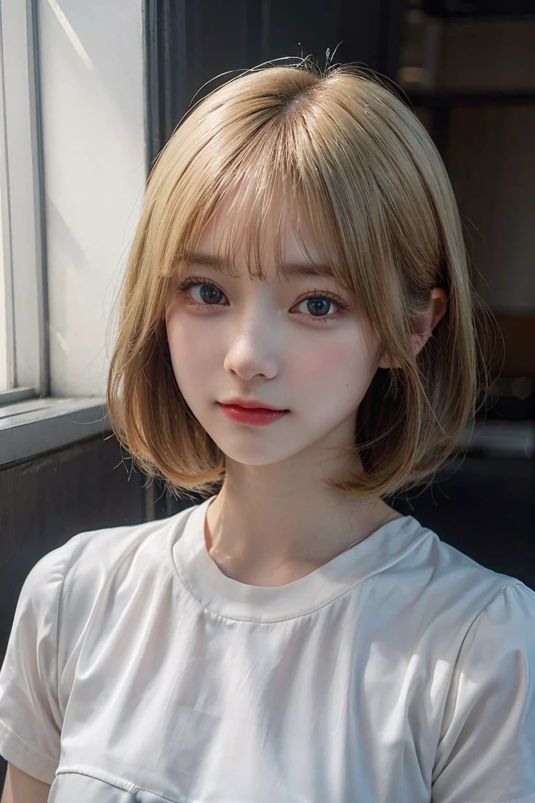 (8K, Raw photo:1.2)Detailed face and eyes,Best Quality, 超A high resolution, Highly detailed ,intricate detailes ,masutepiece ,Cute Girl , Soft cinematic light, Hyper-detailing,Sharp Focus, High quality, out,Y shirt,Cameltoe,a blond, bob cuts,Absolute Area