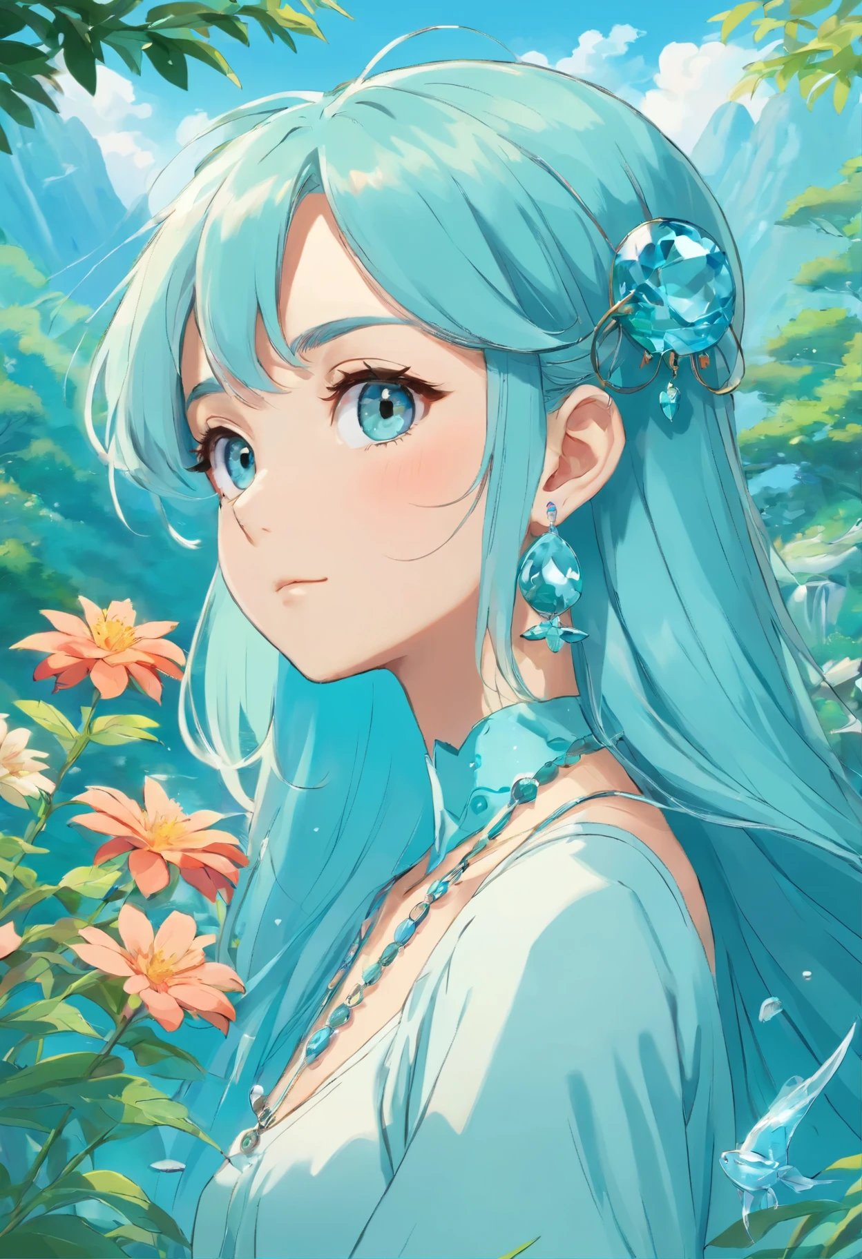 Anime Girls, long necklace and earrings, Inspired by a tranquil garden, colorful animated still images, masami teraoka, Aquamarine, Paul Gauguin, embry style, honest depiction,save