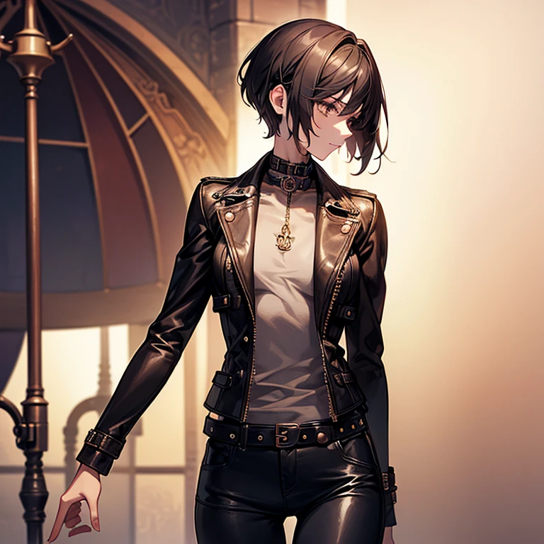 Steampunk Girl、Tokimeki、Cute slender beauty、leather jacket、short、Pixie Cut、short nape、Beautiful nape、Tall、girly、model like、Tight skinny pants、delicate、Slender body、Modest chest、