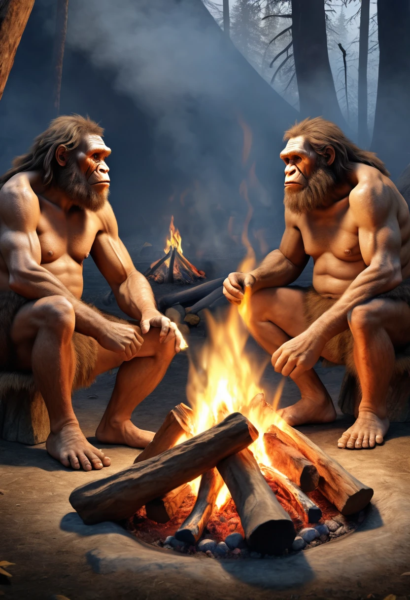 two Neanderthals sitting around a camp fire, invention of fire, first ever camp fire, immersive prehistoric background, detailed Neanderthal features, (best quality, 4k, highres, masterpiece:1.2),ultra-detailed, (realistic,photorealistic,photo-realistic:1.37), HDR, UHD,