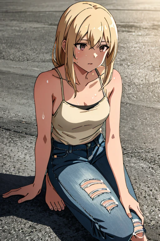 detailed background, masterpiece, 4k, best quality, tan-skinned anime girl lies on the ground, her ribs protruding from her emaciated body. She wears a wrap cami top and jeans, her hunger evident in the sweat beads that cover her skin. Rendered in a gritty, anime style.