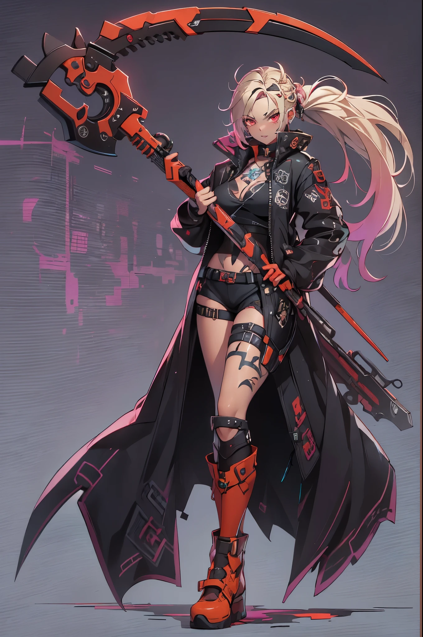 1girl, rebecca \(cyberpunk\), ((cowboy shot)),(( a huge big scythe, the size of half of the screen:1.3 )),solo, blonde braid hair, glowing red eyes,laugh fearlessly, leg tattoo, neck tattoo,  large chest, black bra, thong, red pupils, skin fang, red eyes, black jacket, 