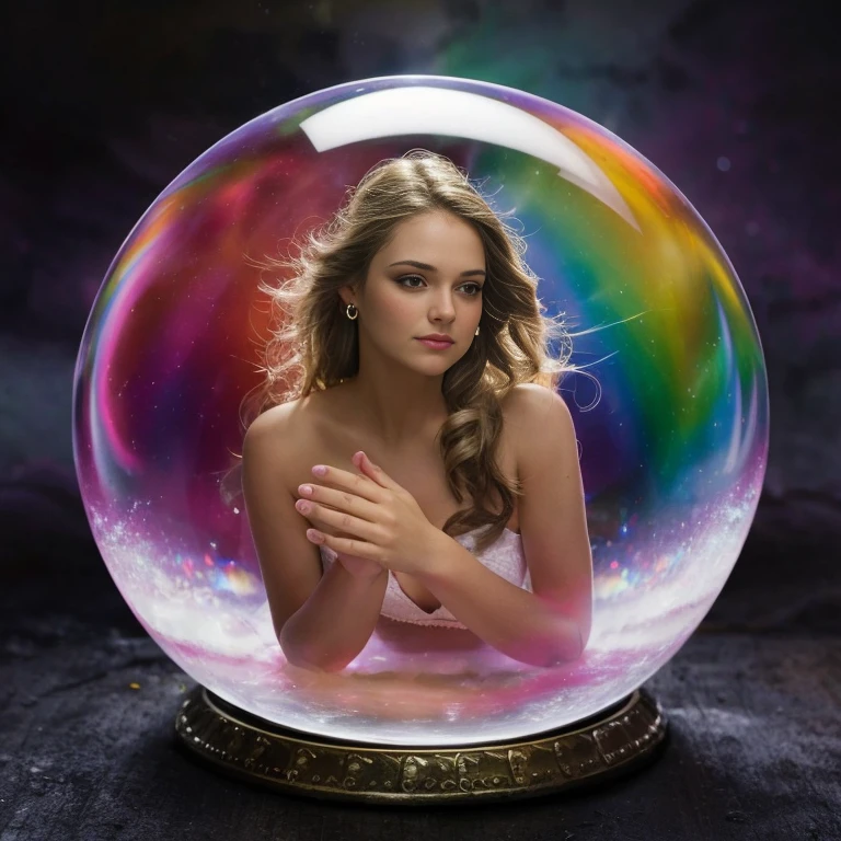 arafed woman in a dress sitting in a Glass ball, crystal ball, holding a crystal ball, portrait of a magical girl, Красавица-woman в голограммах, woman, holding a ball, inside a Snow globe, Glass ball, High quality fantasy photography, Snow globe, blonde in space dress, сюрреалистичная красивая молодая woman, gorgeous Stella Maeve sorceress