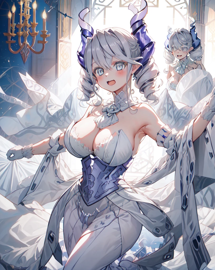 One girl, labrynth, Silver Hair, Grey Eyes, big breasts, horn, Cleavage, White Dress, white elbow gloves, silver castle, ivory, Exquisite, chandelier, blush, Nervous, White interior,Cowboy Shot, highest quality,((highest quality)),((Tabletop)),((Perfect Face)),1 girl,(Background Blur), ((Holographic)),1 girl,milky way, (stripes of light), Impressive visuals, (Dynamic Streaks, Path of Light:1.2), Bright colors,whole body,Dynamic pose,full body,(masterpiece:1.2, highest quality),(Colored Background) (Beautiful fine details: 1.2), (Very detailedな CG Unity 8k 壁紙, masterpiece, highest quality, Very detailed, Best Shadow), (Detailed Background)
