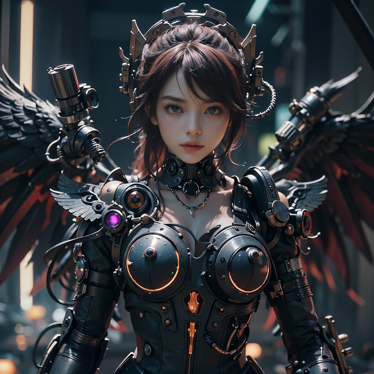 (top-quality:1.2, masterpiece)、ultra high resolution、extremely ultra surrealism, (Photorealsitic:1.4)、Raw photo、(Steampunk Battle Cyborg fallen angel)、large bat wings made of metal、black porcelain body、red  hair、glowy skin、1 Cyborg girl、(mechanical frame:1.3)japanese, extremely cute face,  ((super realistic details))、portrait、globalillumination、Shadow、octan render、8K、ultrasharp、character edge light、Details of complex ornaments、Acrylic Clear Cover、Sumerian details、Hydraulic cylinder、Small LED lamp、highly intricate detail、Realistic light、a purple eye、radiant eyes、Facing the camera、neon details、cowboy  shot、Futuristic headgear、About Cyberpunk