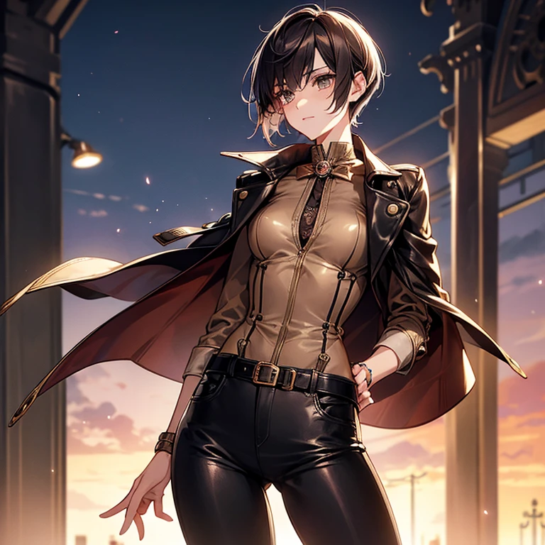 Steampunk Girl、Otome、Tokimeki、Cute slender beauty、leather jacket、short、Pixie Cut、short nape、Beautiful nape、Tall、girly、model like、Tight skinny pants、delicate、Slender body、Modest chest、