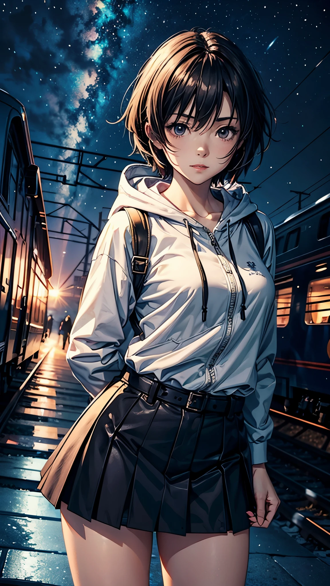 High quality, masterpiece, 1 girl, smile, (wearing miniskirt: 1.2), long hooded coat with trim, landscape, train passing through a body of water on the tracks, sparkling starry sky. Romantic Train, PIXIV, concept art, Lopfe art style, Lopfe art, exquisite anime scenes, anime scenery, detailed view, Shinkai Makoto style, Shinkai Makoto style, detail enhancement.