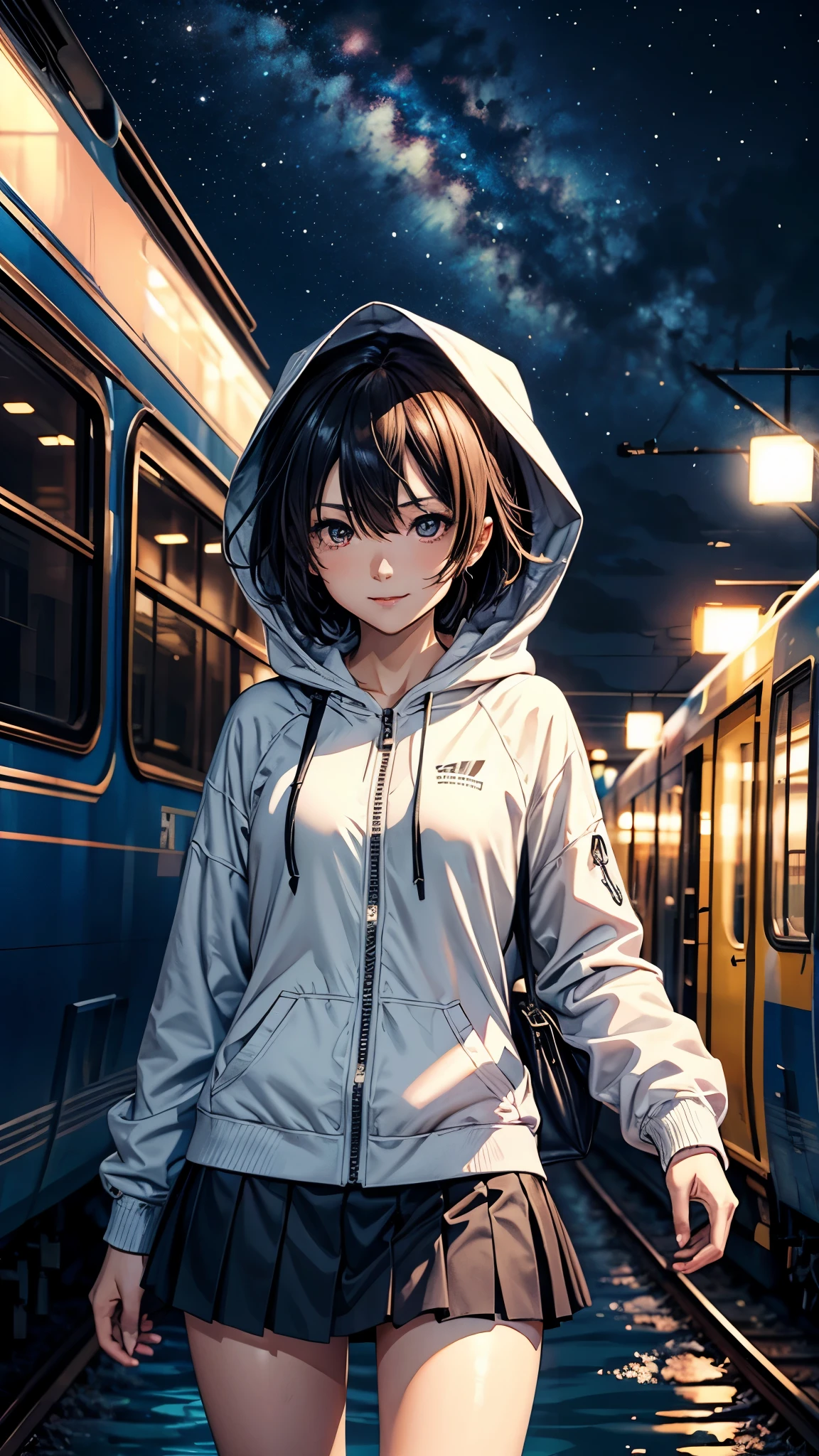 High quality, masterpiece, 1 girl, smile, (wearing miniskirt: 1.2), long hooded coat with trim, landscape, train passing through a body of water on the tracks, sparkling starry sky. Romantic Train, PIXIV, concept art, Lopfe art style, Lopfe art, exquisite anime scenes, anime scenery, detailed view, Shinkai Makoto style, Shinkai Makoto style, detail enhancement.