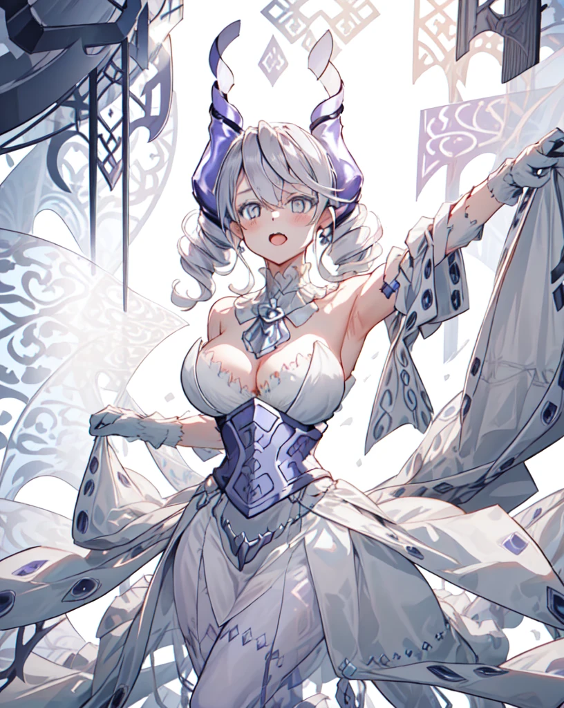 One girl, labrynth, Silver Hair, Grey Eyes, big breasts, horn, Cleavage, White Dress, white elbow gloves, silver castle, ivory, Exquisite, chandelier, blush, Nervous,Cowboy Shot, highest quality,((highest quality)),((Tabletop)),((Perfect Face)),1 girl,(Background Blur), ((Holographic)),1 girl,milky way, (stripes of light), Impressive visuals, (Dynamic Streaks, Path of Light:1.2), Bright colors,whole body,Dynamic pose,full body,(masterpiece:1.2, highest quality),(Colored Background) (Beautiful fine details: 1.2), (Very detailedな CG Unity 8k 壁紙, masterpiece, highest quality, Very detailed, Best Shadow), (Detailed Background)