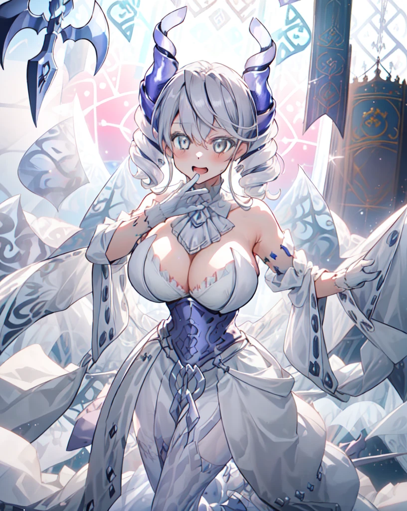 One girl, labrynth, Silver Hair, Grey Eyes, big breasts, horn, Cleavage, White Dress, white elbow gloves, silver castle, ivory, Exquisite, chandelier, blush, Nervous,Cowboy Shot, highest quality,((highest quality)),((Tabletop)),((Perfect Face)),1 girl,(Background Blur), ((Holographic)),1 girl,milky way, (stripes of light), Impressive visuals, (Dynamic Streaks, Path of Light:1.2), Bright colors,whole body,Dynamic pose,full body,(masterpiece:1.2, highest quality),(Colored Background) (Beautiful fine details: 1.2), (Very detailedな CG Unity 8k 壁紙, masterpiece, highest quality, Very detailed, Best Shadow), (Detailed Background)