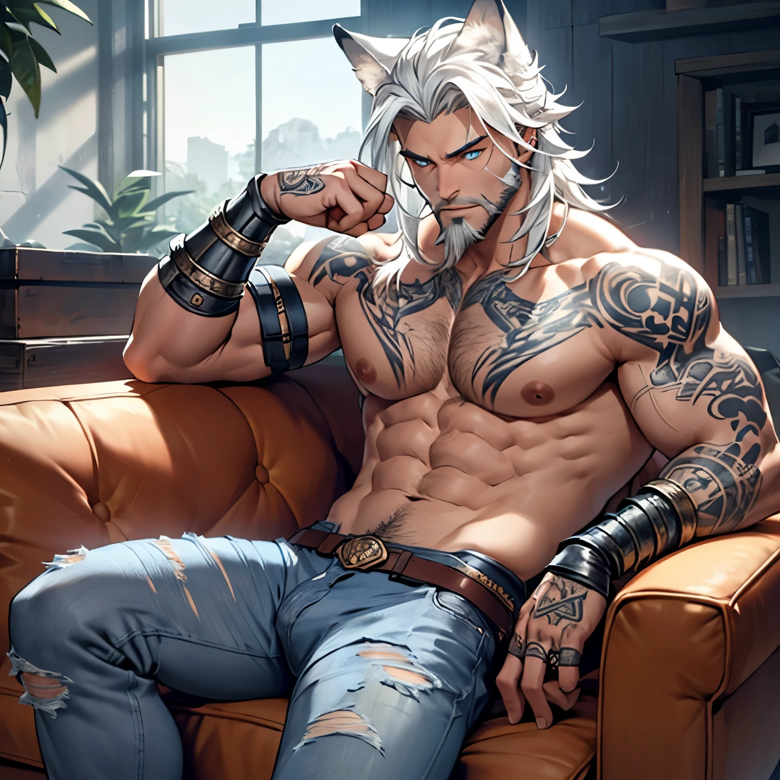 a muscular himbo with a short gruffy beard and long white hair, has white wolf ears and isnt wearing a shirt, wearing blue denim jeans and is covered in heavy tribal tattoos, solo, alone, (SOLO)(ALONE) 1 male, has glowing blue eyes, wearing fingerless gauntlets, sitting on couch