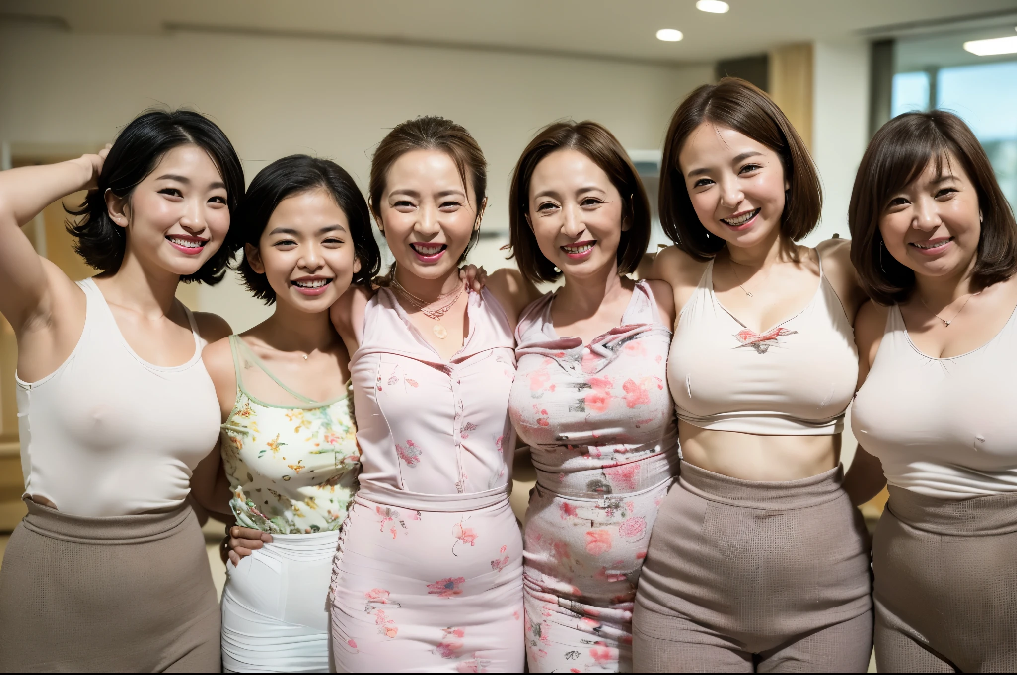 ​masterpiece, Better Quality, hight resolution, ((Photorealsitic:1.4, Raw photography, ultra high resolution,Top image quality: 1.4)), ((Do not split)),((upper body 1.5)), Beautiful detailed eyes, Natural Color Lip, ((Random Age)), ((A big smile:1.5)), ((Random and cute  hairstyle)), ((Random breast sizes from large to medium:1.3)), ((random clothes:1.6)), ((peer in from below)), ((bedroom)), ((Random and cute facial expressions)),, ((3 girls, Three people standing side by side:1.5)) very detailed and professional lighting, ((Random and cute facial expressions:1.5)), ((Random showing off my armpit:1.5)), ((thigh visible:1.5)),((Random lift up skirt))