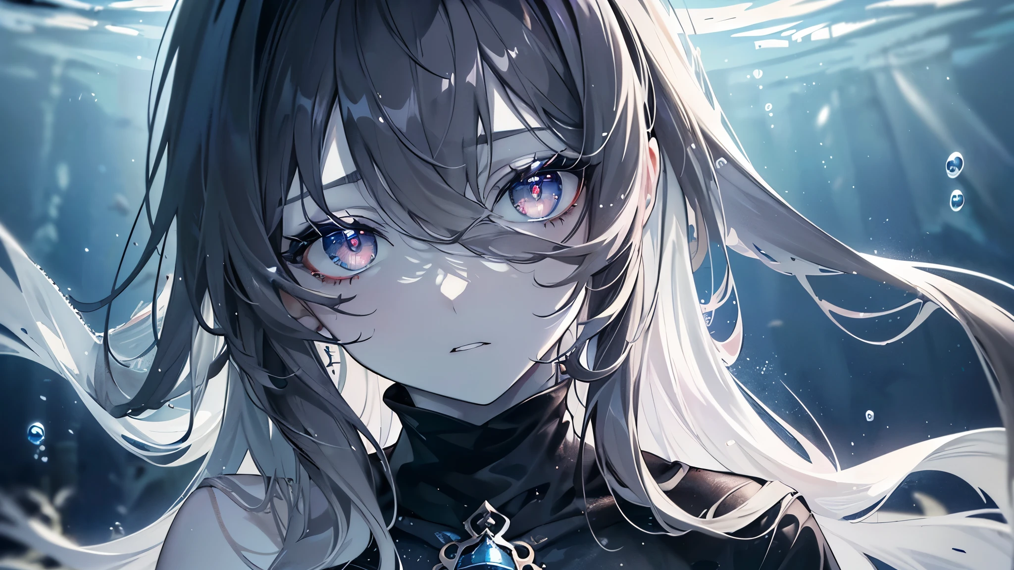 (masterpiece,best quality,ultra-detailed),1girl, black hair,beautiful and detailed face, detailed eyes,looking at viewer, multicolored eyes,((grey theme),pale skin, glowing eyes ,in the sea,((night)),dark ambient,(underwater), aquarelle,hair over eye, eyes covered in hair