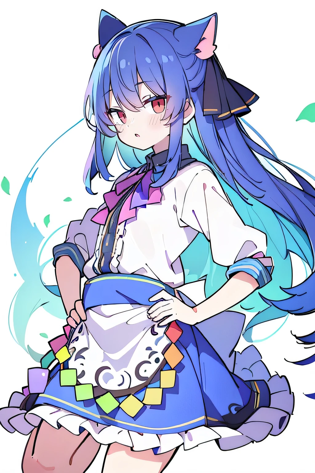 (best quality,4k,8k,highres,masterpiece:1.2),ultra-detailed,(realistic,photorealistic,photo-realistic:1.37),expressive eyes, perfect face, beautiful detailed eyes, beautiful detailed lips, extremely detailed eyes and face, 1girl, fair skin, gorgeous appearance, Japanese cartoons, lola, Hina Angel, blue hair, blue-haired girl, floating clothes, hands on waist, grab your waist, hands on hips, sit on the ground, legs on the ground, flat chest, cat ears, petals falling, sitting in a summerhouse, summerhouse, sunny day, tranquil garden, emerald green grass, vibrant flowers, gentle breeze rustling the leaves, soft sunlight filtering through the trees, soft shadows caressing the surroundings, a serene atmosphere, harmonious colors, dreamlike setting