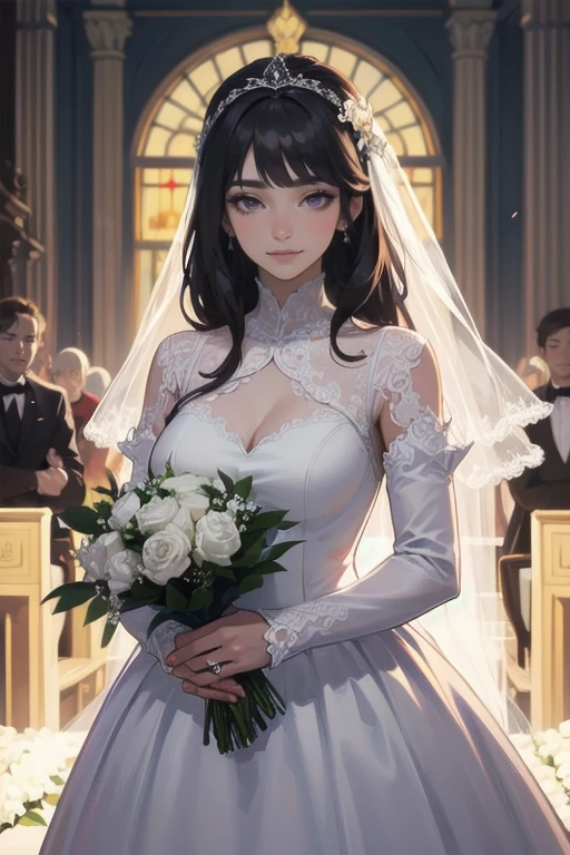 masterpiece, best quality, realistic, 1woman, mature female, beautiful, 25 years old, close his eyes, cute, smile, closed mouth, extremely detailed face, ((dark purple eyes)), ((Black front bang long hair with French twist)), [thin eyebrows], accurate, detailed, ((front bang haor)), in a wedding, ((long sleeve and elegant Wedding dress with vail)), standing and holding flowers