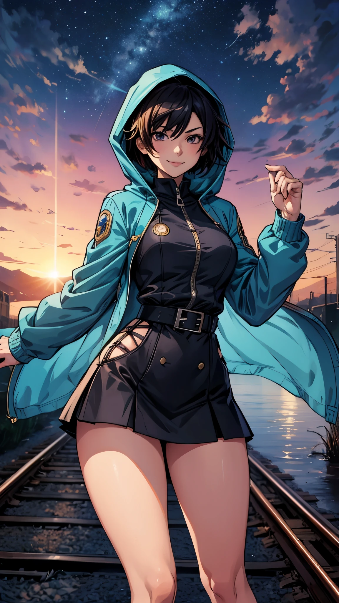 High quality, masterpiece, 1 girl, smile, (wearing miniskirt: 1.2), long hooded coat with trim, landscape, train passing through a body of water on the tracks, sparkling starry sky. Romantic Train, PIXIV, concept art, Lopfe art style, Lopfe art, exquisite anime scenes, anime scenery, detailed view, Shinkai Makoto style, Shinkai Makoto style, detail enhancement.