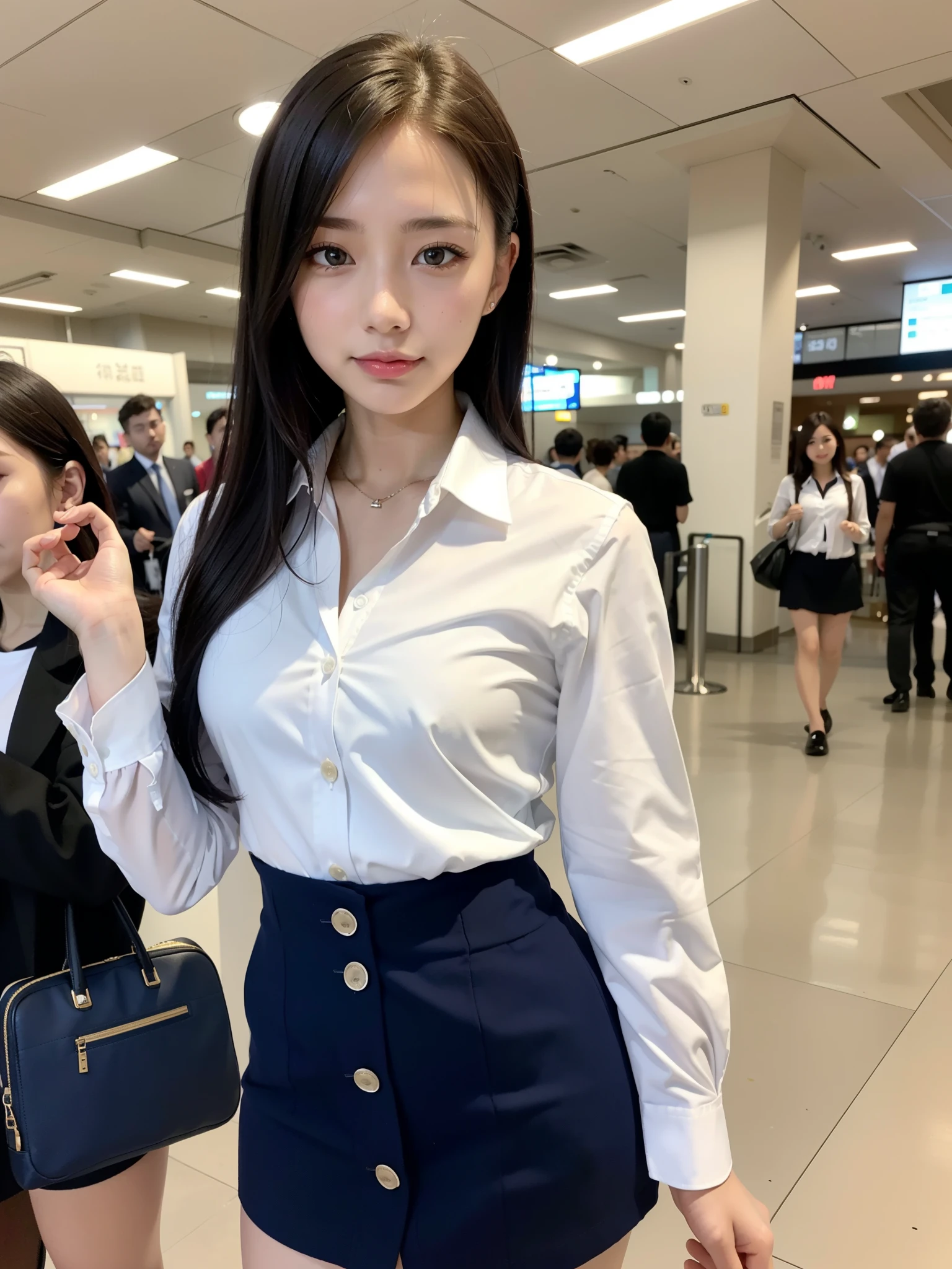 ((Best of the highest quality, 8k, Masterpiece: 1.3, raw photo)), Sharp focus: 1.2, (1 AESPA, slim body type female, 21 y/o: 1.1), (Solo: 1.2), (realistic, photo-realistic:1.37), face focus, cute face, finely eyes, (small breasts, flat chest, Thigh: 1.3), short messy hair, (updo: 1.1), (panties, neat shirt: 1.32), (flight attendant uniform: 1.1), airport, terminal,