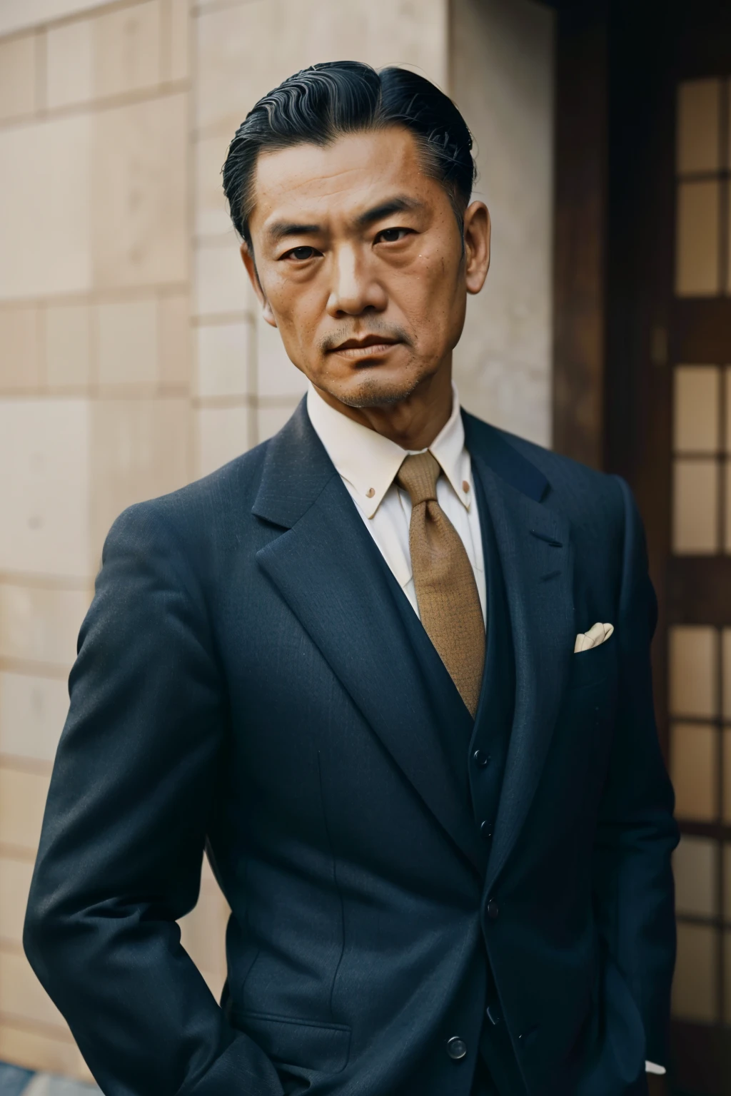Japan, 1934. ((((42-year-old)) Nobu Toshikazu)), rugged appearance, intelligent, strong, scar across his face, ((((bussinessman clothings from the 1930s, elegant suit)))), ((hairstyle of the 1930s)), color
