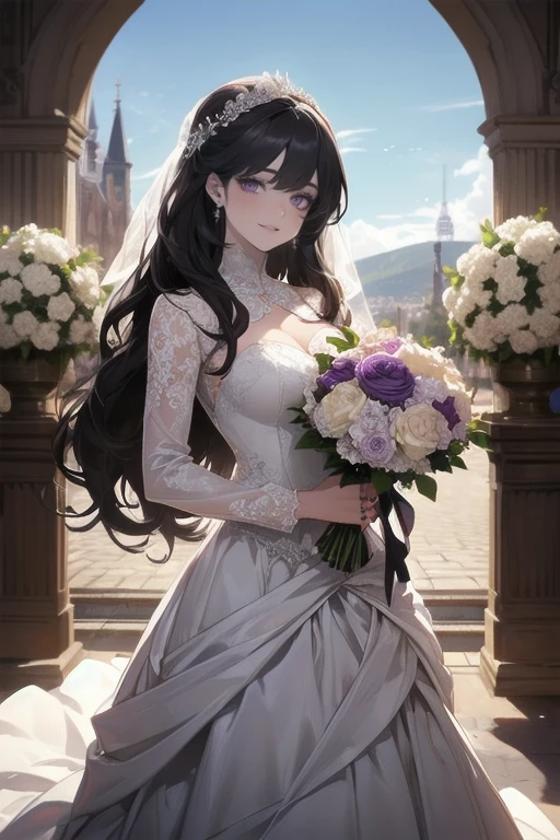 masterpiece, best quality, realistic, 1woman, mature female, beautiful, 25 years old, close his eyes, cute, smile, closed mouth, extremely detailed face, ((dark purple eyes)), ((Black front bang long hair with French twist)), [thin eyebrows], accurate, detailed, ((front bang haor)), in a wedding, ((long sleeve and elegant Wedding dress with vail)), standing and holding flowers
