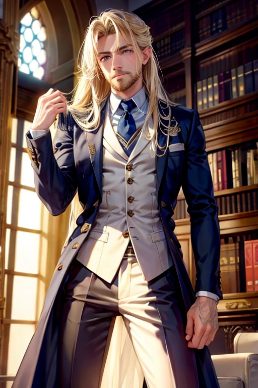 A muscular blonde haired male wizard with blue eyes with a dark beard and long hair in a student's suit is blushing in the library