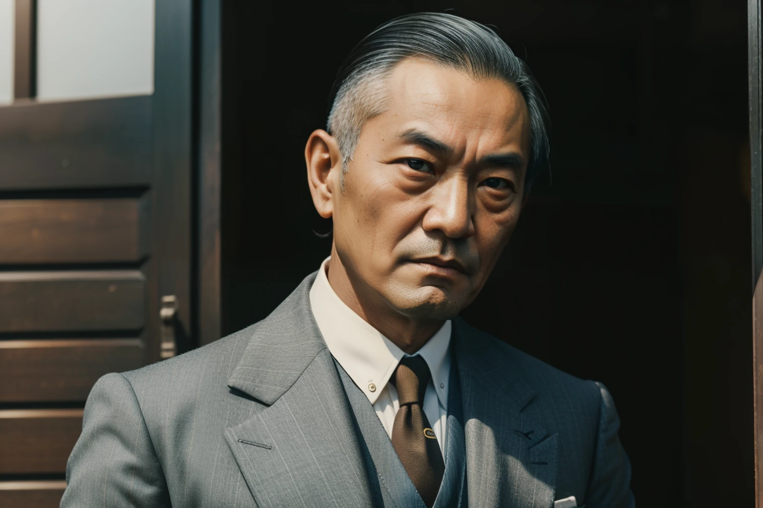 Japan, 1934. ((((42-year-old)) Nobu Toshikazu)), rugged appearance, intelligent, strong, scar across his face, ((((bussinessman clothings from the 1930s, elegant suit)))), ((hairstyle of the 1930s)), color
