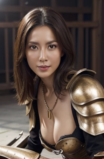 highest quality, masterpiece, High resolution, (Realistic), Raw photo, 8k wallpaper, perfection, Professional Lighting, Very detailed, Depth of written boundary,Inside the Jail、((One beautiful woman)), ((30 years old)), Sexy Woman, Detailed face, Beautiful Eyes, Shapely small breasts、 Light brown straight hair, (( The upper part of the thigh is shown))、(armor:1.5)、(Fantasy:1.2)、(((Chained to a platform)))、Lying on your back:1.5、