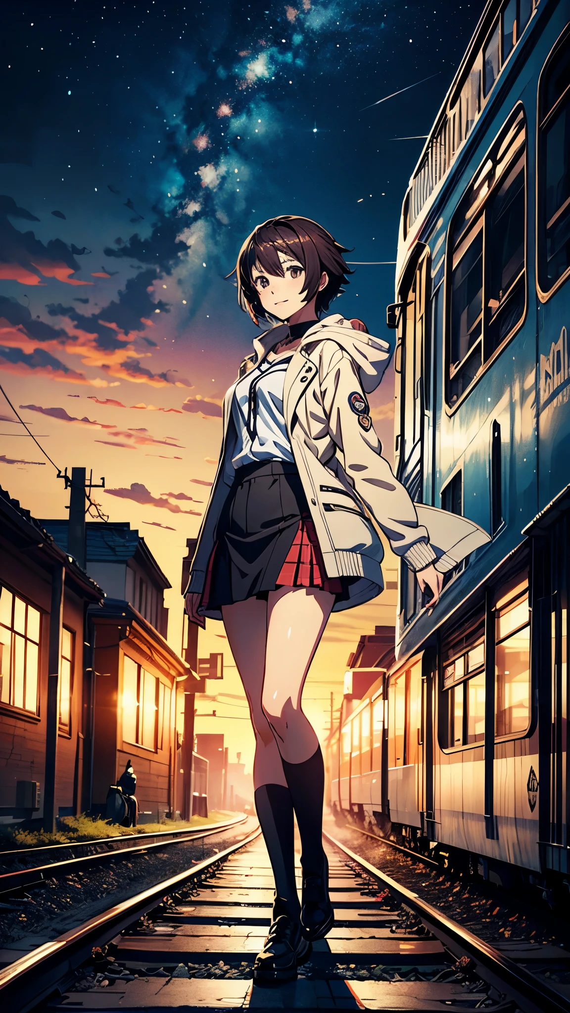 High quality, masterpiece, 1 girl, smile, (wearing miniskirt: 1.2), long hooded coat with trim, landscape, train passing through a body of water on the tracks, sparkling starry sky. Romantic Train, PIXIV, concept art, Lopfe art style, Lopfe art, exquisite anime scenes, anime scenery, detailed view, Shinkai Makoto style, Shinkai Makoto style, detail enhancement.