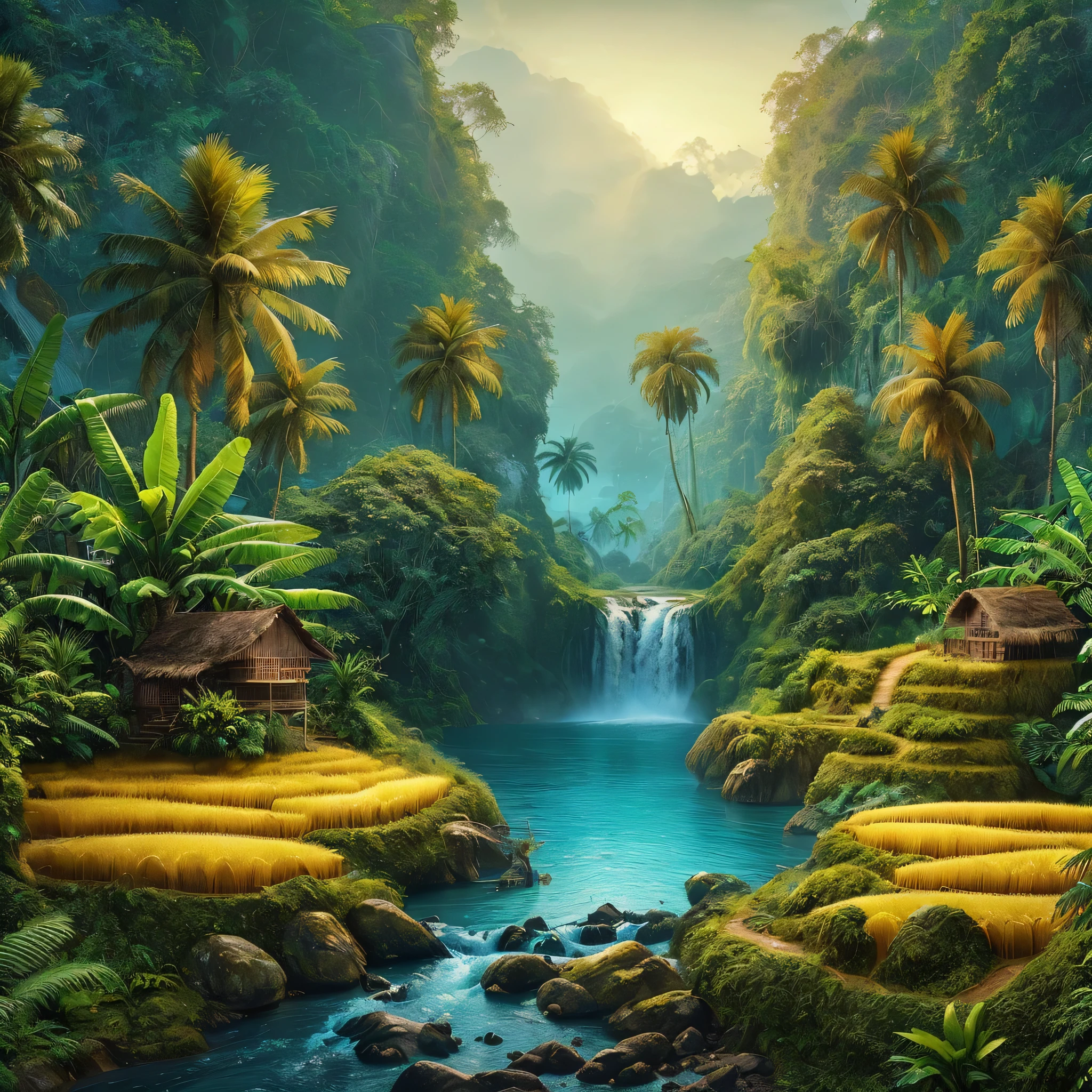 Create beautiful and enchanting hyperrealistic landscape images, coconut trees on the river bank, banana trees with partially dry leaves, fern trees. small waterfall flowing with clear blue water, surrounded by rocks and plants, dark forest, old huts in the middle of green and yellow rice fields, similar hills in the background