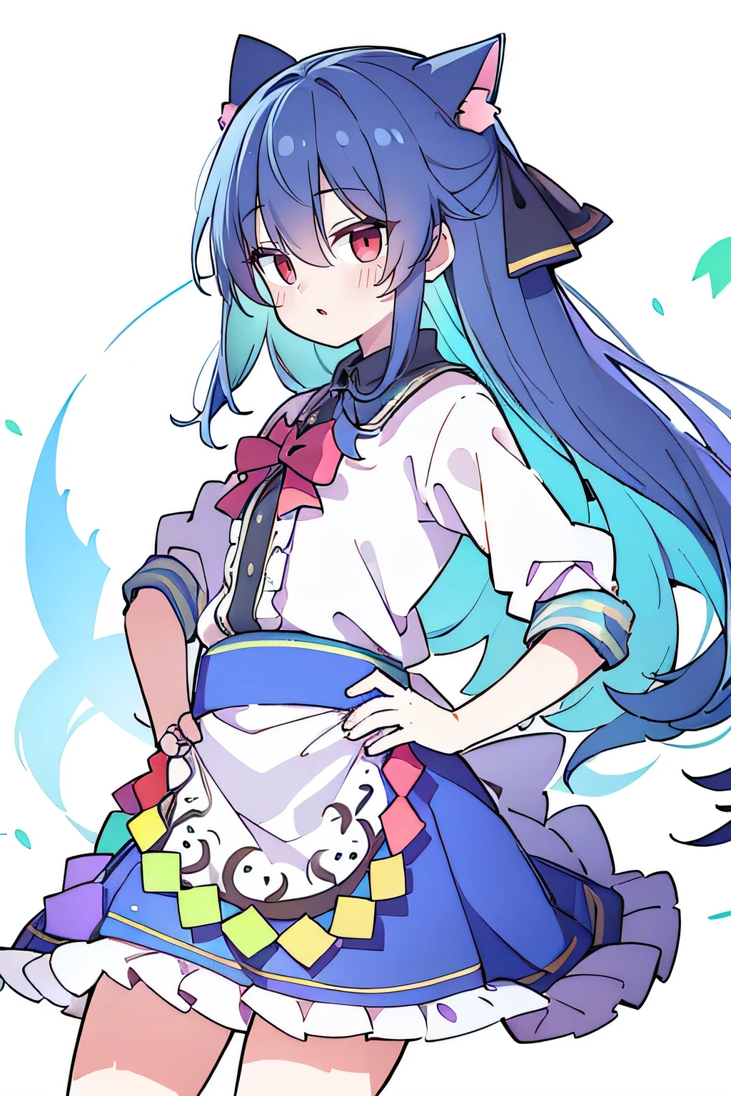 (best quality,4k,8k,highres,masterpiece:1.2),ultra-detailed,(realistic,photorealistic,photo-realistic:1.37),expressive eyes, perfect face, beautiful detailed eyes, beautiful detailed lips, extremely detailed eyes and face, 1girl, fair skin, gorgeous appearance, Japanese cartoons, lola, Hina Angel, blue hair, blue-haired girl, floating clothes, hands on waist, grab your waist, hands on hips, sit on the ground, legs on the ground, flat chest, cat ears, petals falling, sitting in a summerhouse, summerhouse, sunny day, tranquil garden, emerald green grass, vibrant flowers, gentle breeze rustling the leaves, soft sunlight filtering through the trees, soft shadows caressing the surroundings, a serene atmosphere, harmonious colors, dreamlike setting
