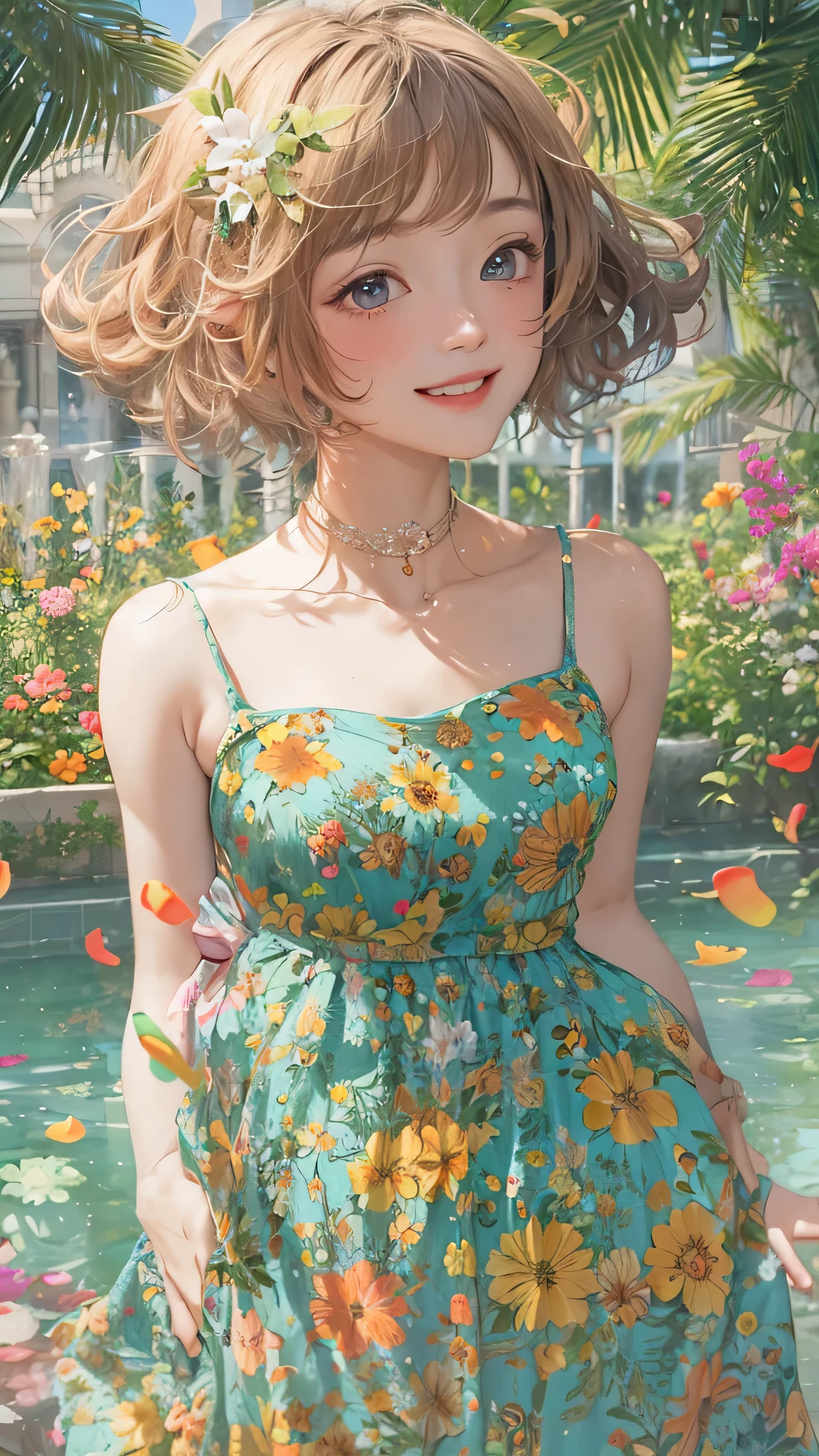 masterpiece, best quality, absurd, Perfect Reflexivity, 1 Girl, Solitary, Pascal's Tales, short hair, fair, hapiness, sunny, Botanical Gardens, summer breeze, Sundress, Floral Pattern, curls, Smile